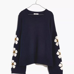 Madewell Belmore Floral-Sleeve Pullover in Coziest Textured Yarn - Small, Indigo